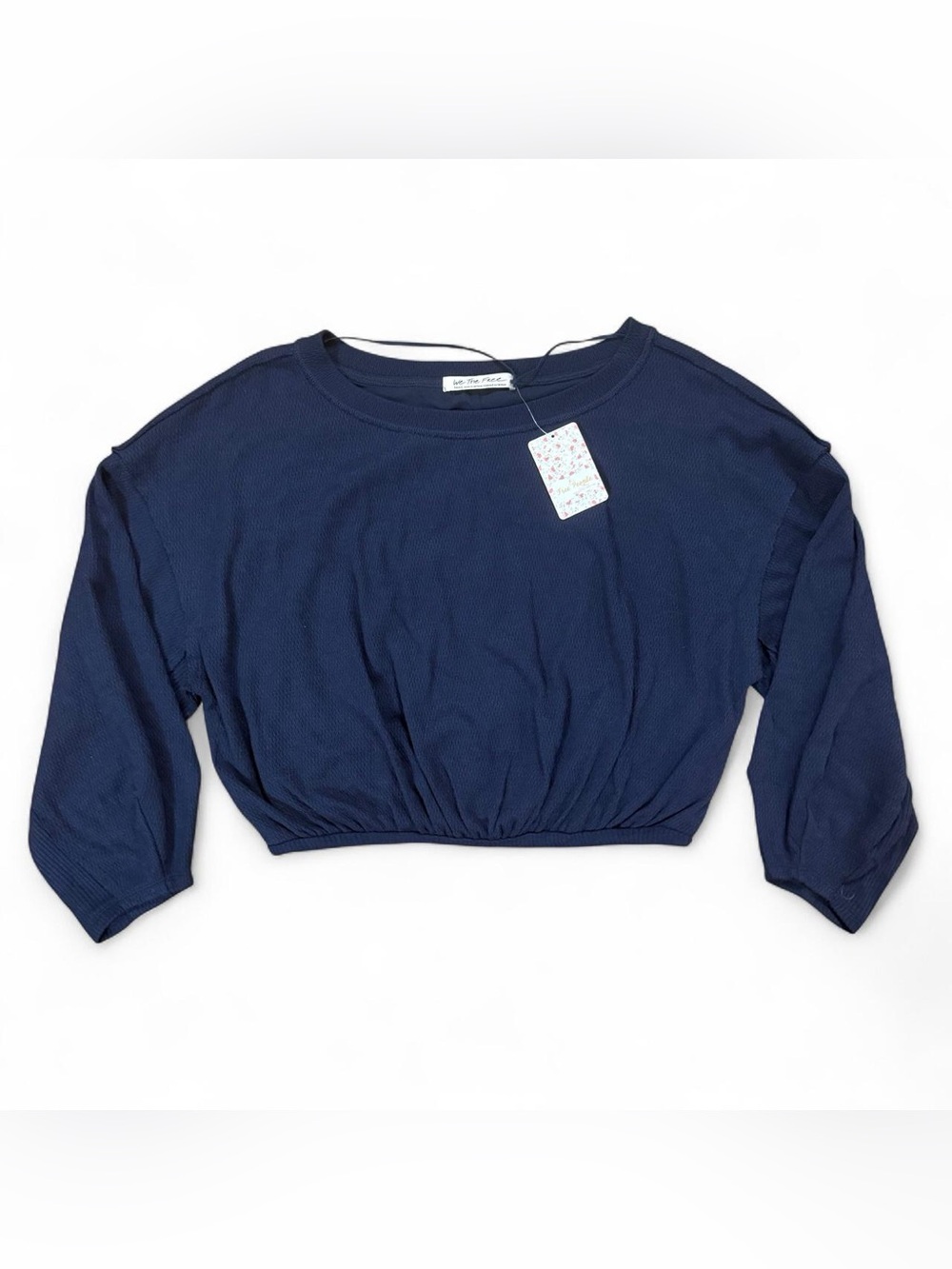 NWT Free People Cuddle Bubble Navy Blue Cropped Long Sleeve Top Women’s Size S